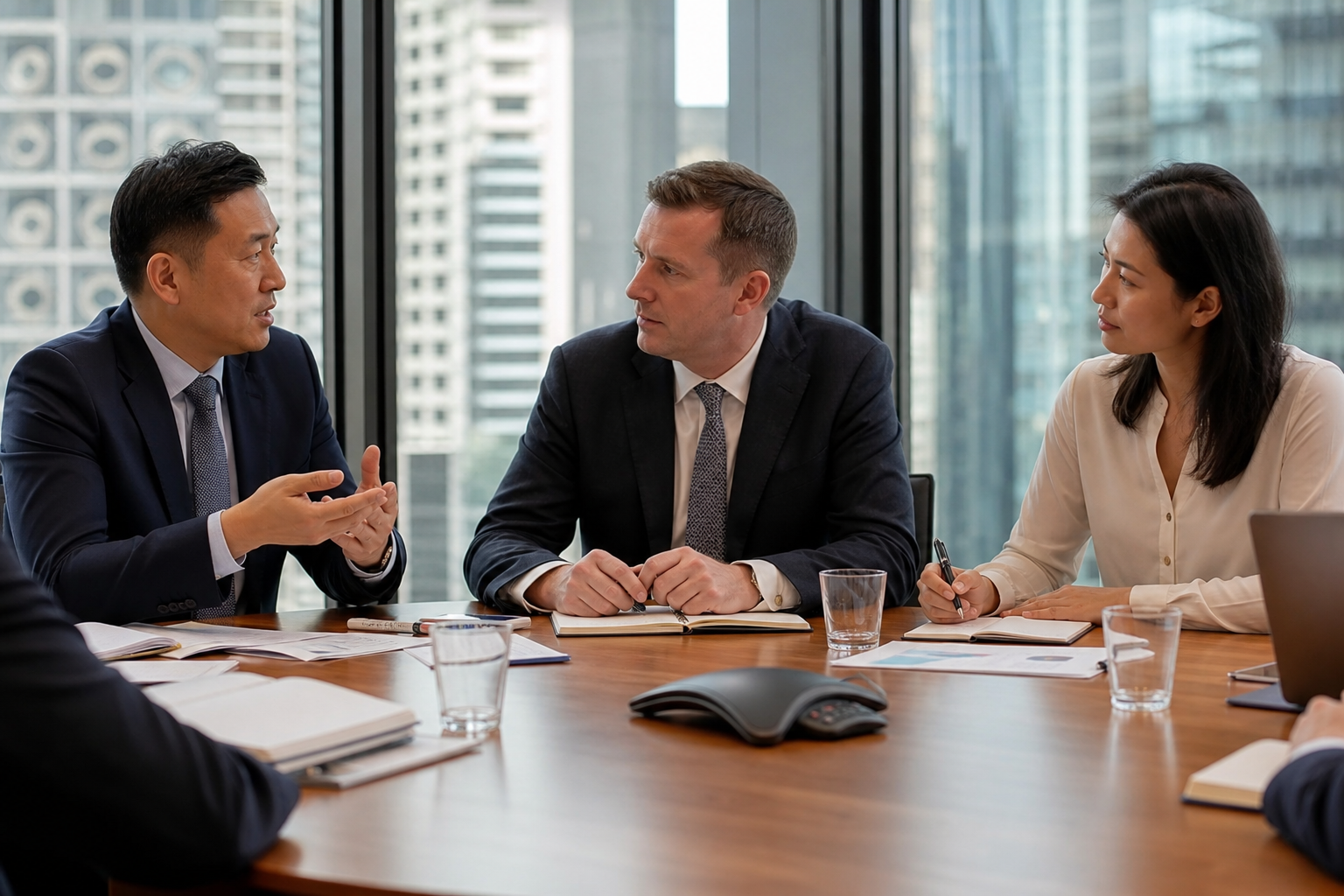 Cross-border business discussion in office