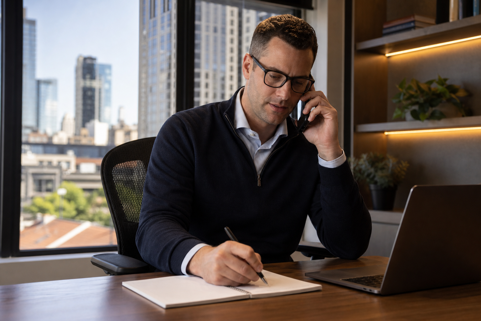 Consultant taking a client enquiry by phone in the office