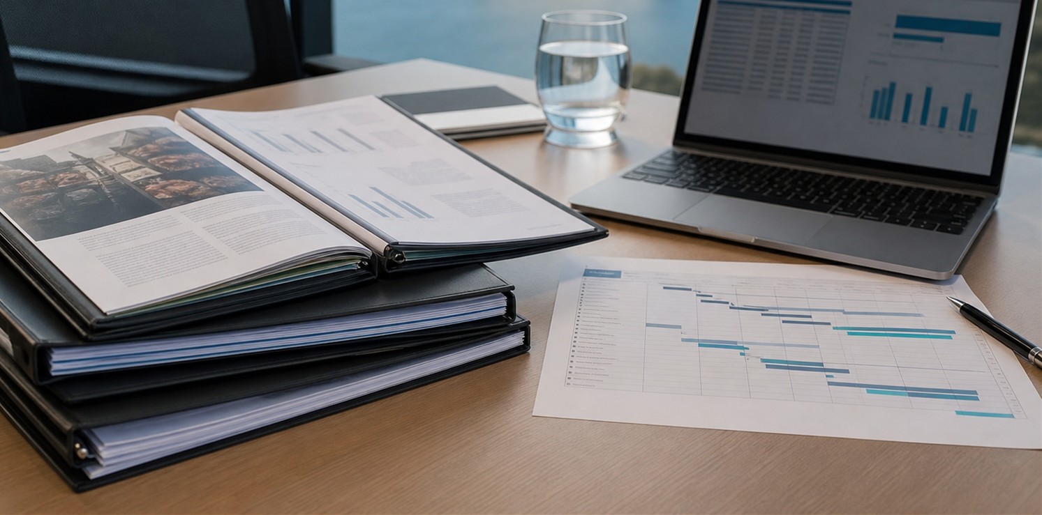Case study files and project notes on a desk