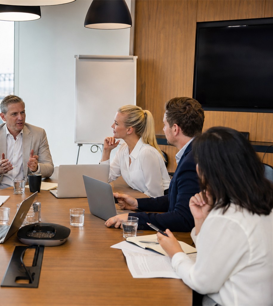 Group orientation workshop around a conference table