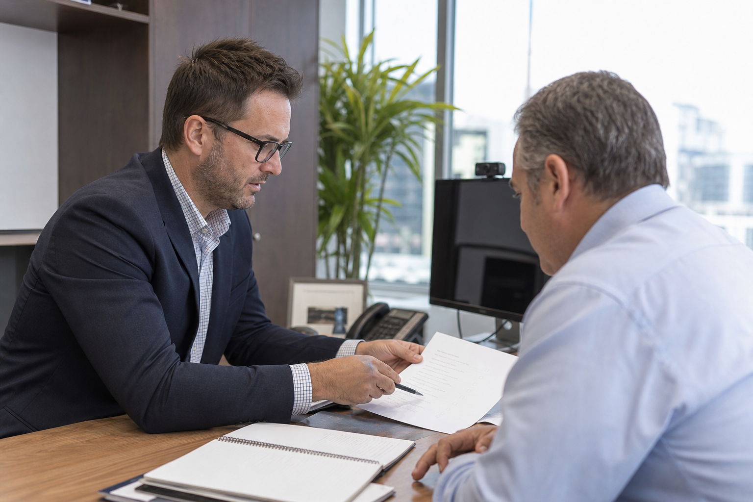 Consultant and client reviewing a scoped engagement checklist