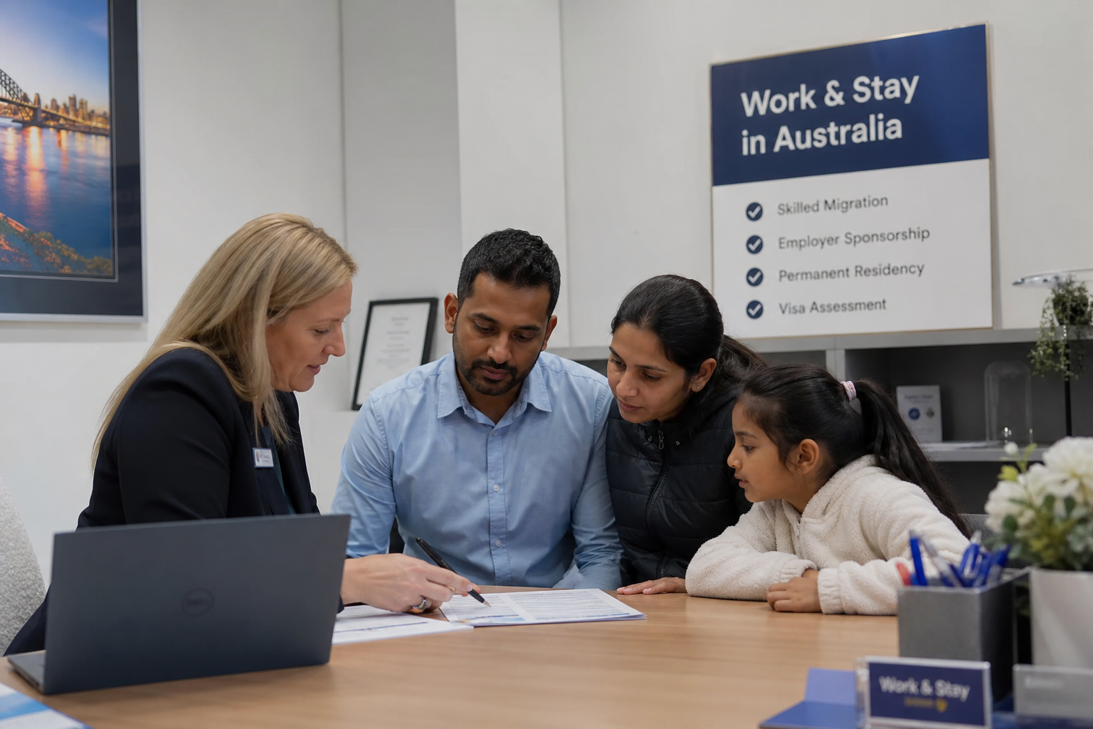 Family reviewing settlement checklist in consultation