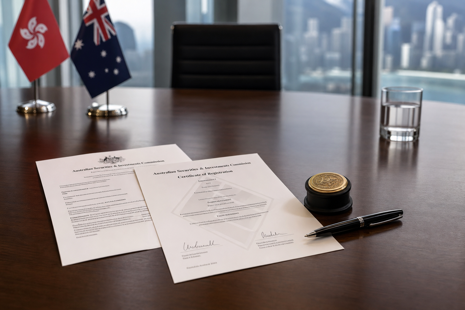 Company registration documents on a boardroom table